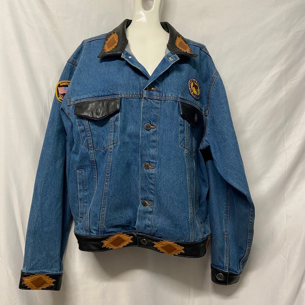 Luna Pier Jacket Denim Leather Trim Size L Vintage Texas Western Bull Skull SW